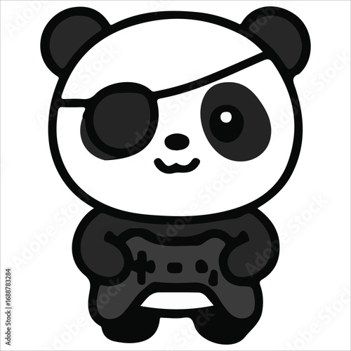 Pirate Panda with Eye Patch Playing Video Game Cartoon Vector