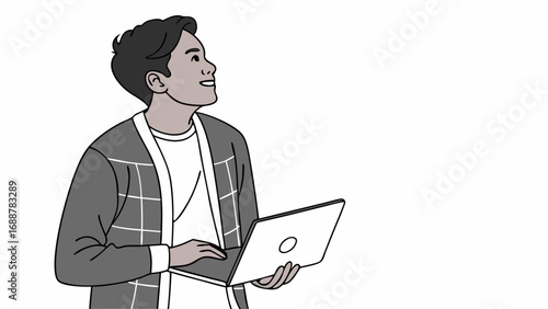 Young Person Working on Laptop Looking Upwards Dreamy Expression.