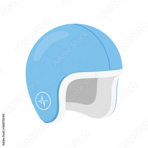 A modern light blue helmet with a white trim and a circular heartbeat logo, depicted in a clean vector style.