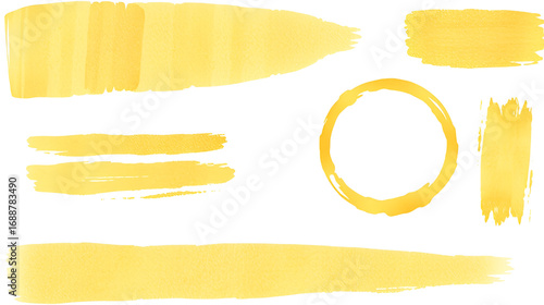 Golden stripes patch hand painted isolate on white background. Set of  watercolor golden stroke brush and circle hand paint. Vector illustration.