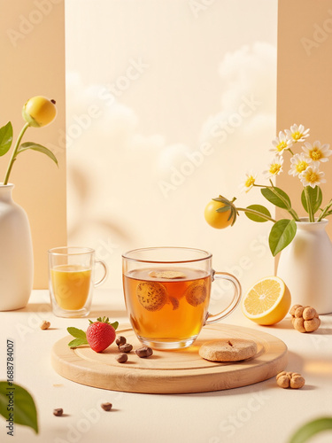 Aesthetic Tea Still Life with Fruits and Flowers