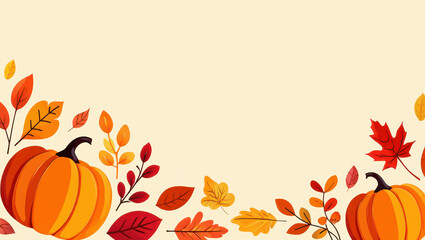 Autumn pumpkins and colorful leaves create a festive Halloween border design for a seasonal card or background illustration