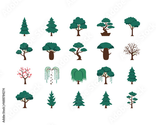 Collection of diverse stylized trees and plants in a flat design illustration on a white background