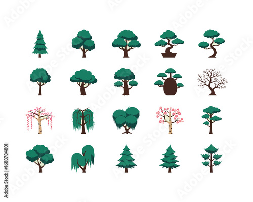 Collection of diverse stylized trees and evergreen plants isolated on white background for design