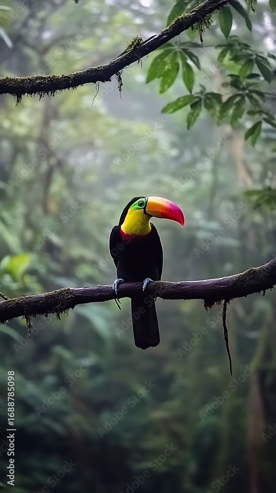 Obraz premium Colorful toucan perched on a mossy branch in a misty rainforest bird jungle photo
