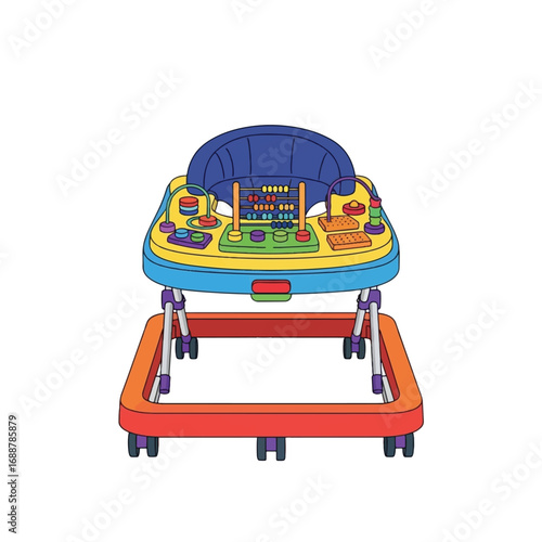 Illustration of a colorful baby walker with interactive toys on a white background.