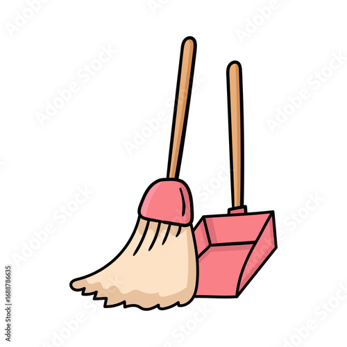 Vector illustration of a broom and dustpan cleaning tools