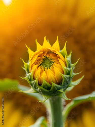 Opening bud of bright sunflower in the center of the frame with blurred bokeh. Yellow pattern of blooming sunflower seeds with petals.