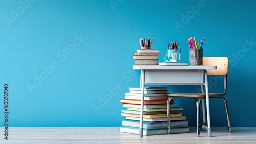 Wallpaper Mural Desk chair  books are set against a solid blue wall in an interior room Torontodigital.ca