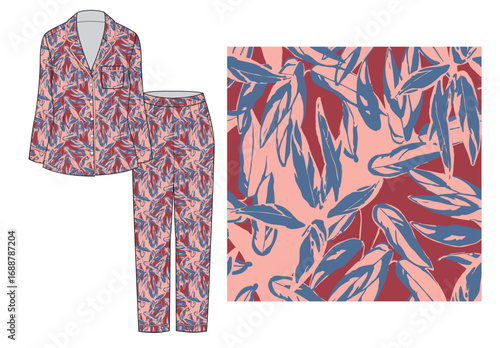 Flat sketch of a women’s pajama set featuring a button-up shirt with chest pocket and full-length pants, designed with an abstract Seamless leaf all-over print. 