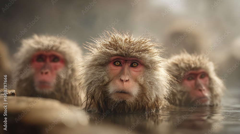 Naklejka premium Snow monkeys relaxing in hot spring japan wildlife photography animal behavior macaque primates nature travel