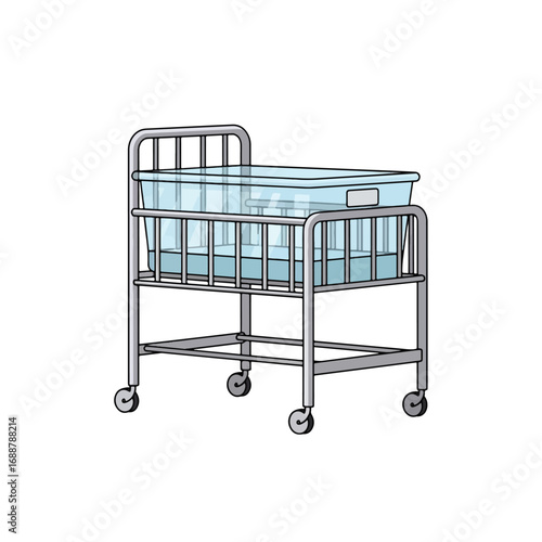 Illustration of a transparent baby bassinet on wheels, commonly found in hospitals.