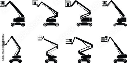 Boom, lift, silhouette, set, cherry, picker, aerial, work, platform, construction, machinery, equipment, vehicle, crane, basket, arm, reach, height, isolated, vector