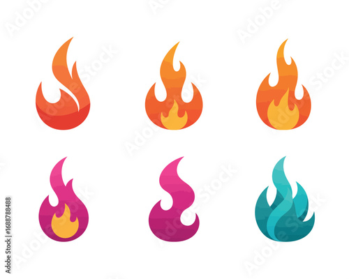 Collection of stylized colorful flame icons representing different temperatures and energy levels