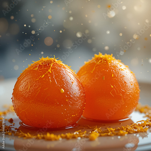 Two Gulab Jamun with Syrup and Saffron Strands – Authentic Mithai Stock Photo
