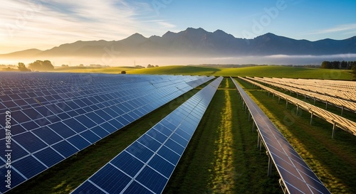 Wallpaper Mural Golden Sunrise Illuminates Vast Solar Panel Farm Against Misty Mountains and Green Hills Torontodigital.ca