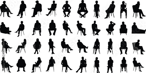 Silhouette, people, sitting, various, poses, chair, stool, posture, collection, human, body, language, icon, set, black, shape, design, isolated, vector, art