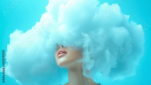 Mysterious female silhouette with cloud-textured hair obscuring facial features against turquoise backdrop. Minimalist studio composition exploring dreamlike visual metaphor of hidden identity.