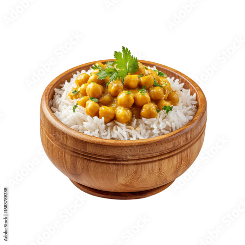 Delicious Chana Masala with Basmati Rice in Wooden Bowl