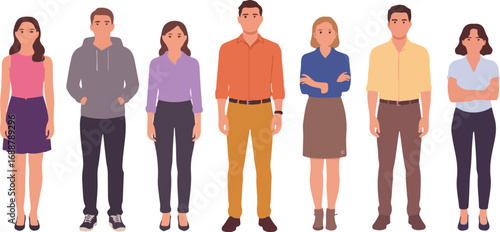 Group of seven people standing in various casual clothing styles