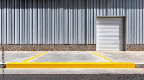 Wallpaper Mural Modern concrete facade features bold yellow lines marking parking area, creating striking contrast against industrial backdrop Torontodigital.ca