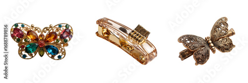 Set of Close-up of long, straight, thick hair tied with a decorative golden hair accessory on transparent png background. Ai generated