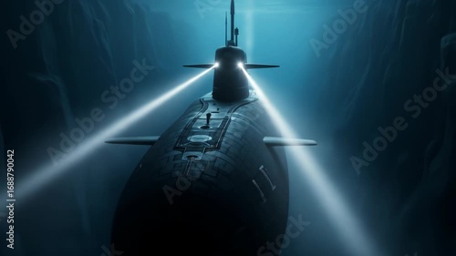 Military nuclear submarine with its searchlights on navigating through a dark underwater canyon