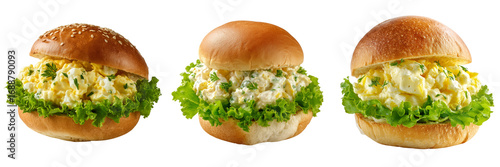 Set of Homemade egg salad sandwich with fresh lettuce leaves on transparent png background. Ai generated