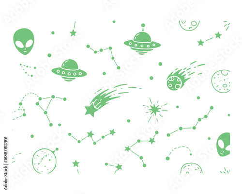 Whimsical green alien and ufo pattern with constellations and comets on white background