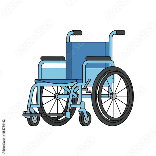 A blue wheelchair with large rear wheels and smaller front wheels, designed for mobility assistance.