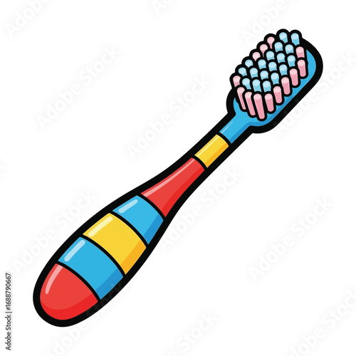 A vibrant and colorful cartoon-style toothbrush with blue, red, and yellow stripes on the handle and blue and pink bristles, isolated on a white background.