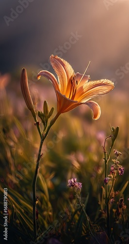 A vibrant orange-yellow lily in a field at sunset