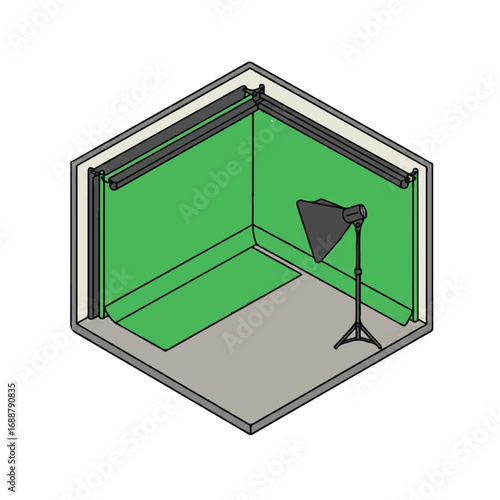 Isometric view of a small photography or video studio setup with a green screen backdrop and a single studio light on a stand.