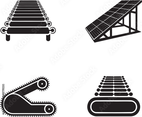 Set of Industrial Conveyor Belt Icons – Vector Silhouettes for Manufacturing and Automation 