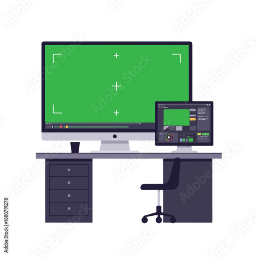 Illustration of a video editing workstation with a green screen monitor and a secondary monitor displaying video editing software.