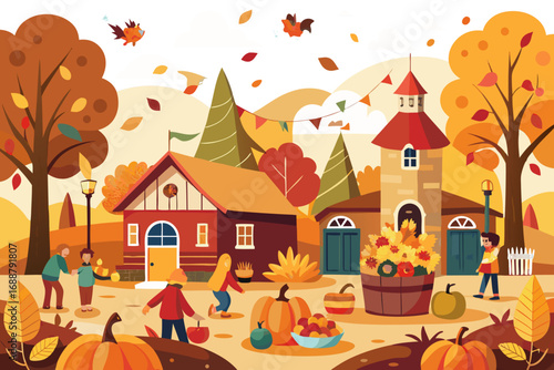 Pumpkins sitting on hay bales at a fall festival during sunset. Autumn farmers market. Harvest festival pumpkins displayed. Pumpkins Autumn decorative background composition.