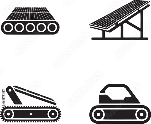 Set of Industrial Conveyor Belt Icons – Vector Silhouettes for Manufacturing and Automation 