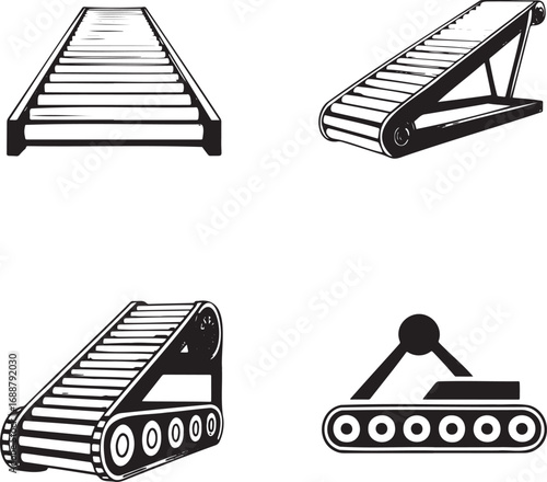 Set of Industrial Conveyor Belt Icons – Vector Silhouettes for Manufacturing and Automation 