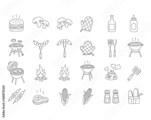 Collection of hand drawn line art icons representing barbecue food and cooking elements for summer outdoor grilling