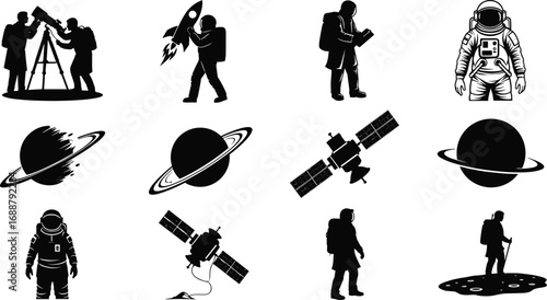 Space exploration, astronauts, rocket launch, telescope observation, planets, satellites, spacewalk, space science, astronomy, moon surface, space mission.