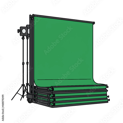 Studio green screen backdrop setup with lighting and stands.