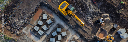 Construction building site aerial view showing materials