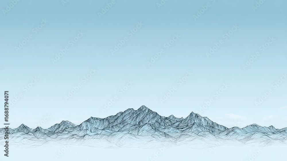 Fototapeta premium Majestic mountains rise in the distance, their rugged peaks outlined against a clear blue sky. Soft clouds drift gently, creating a serene atmosphere during early morning.