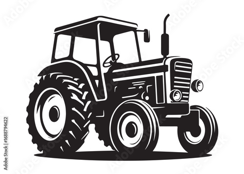 tractor logo silhouette vector, farm tractor silhouette illustration, agricultural equipment silhouette vector, farm machinery tractor logo silhouette vector on white background. 