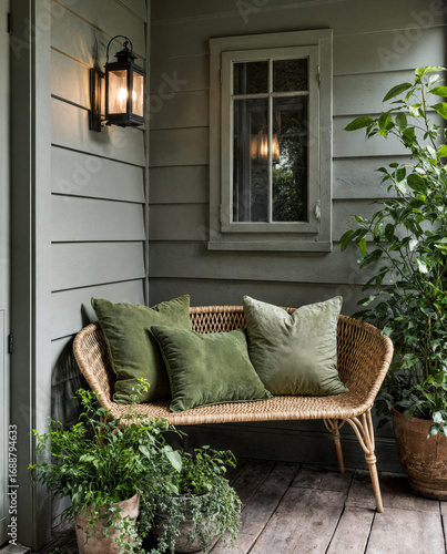 Front porch with cozy seating and lantern light