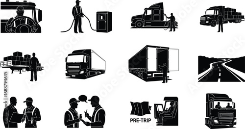 Truck driver fueling, cargo loading, logistics teamwork, transportation checklist, freight delivery, highway trucking, pre-trip inspection, logistics coordination, shipping industry operations.
