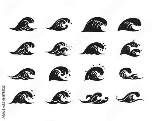 Collection of stylized black and white hand drawn wave illustrations in a grid layout