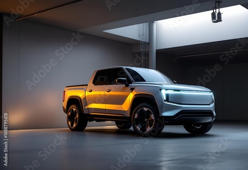 Sleek Electric Pickup Truck Design in Modern Garage Setting