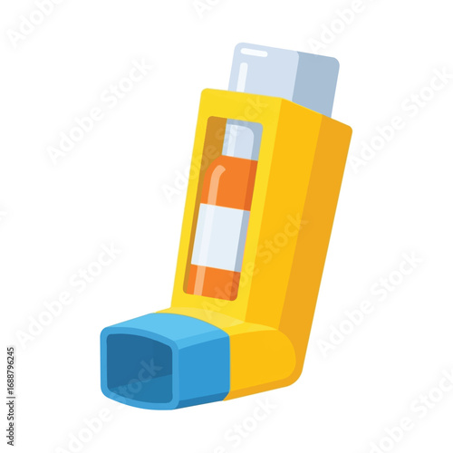 A yellow and blue asthma inhaler for respiratory relief, shown in a simple cartoon style.