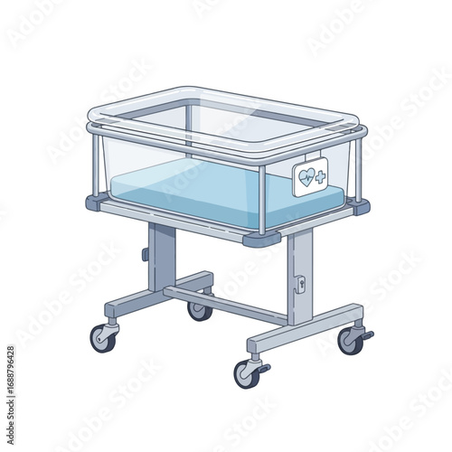 A clear plastic baby bassinet with a blue mattress and wheels, designed for a hospital or nursery setting.